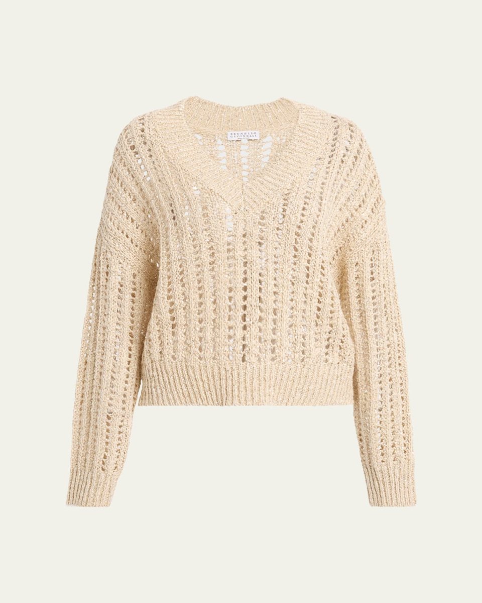 V-Neck Paillette Open-Weave Knit Sweat